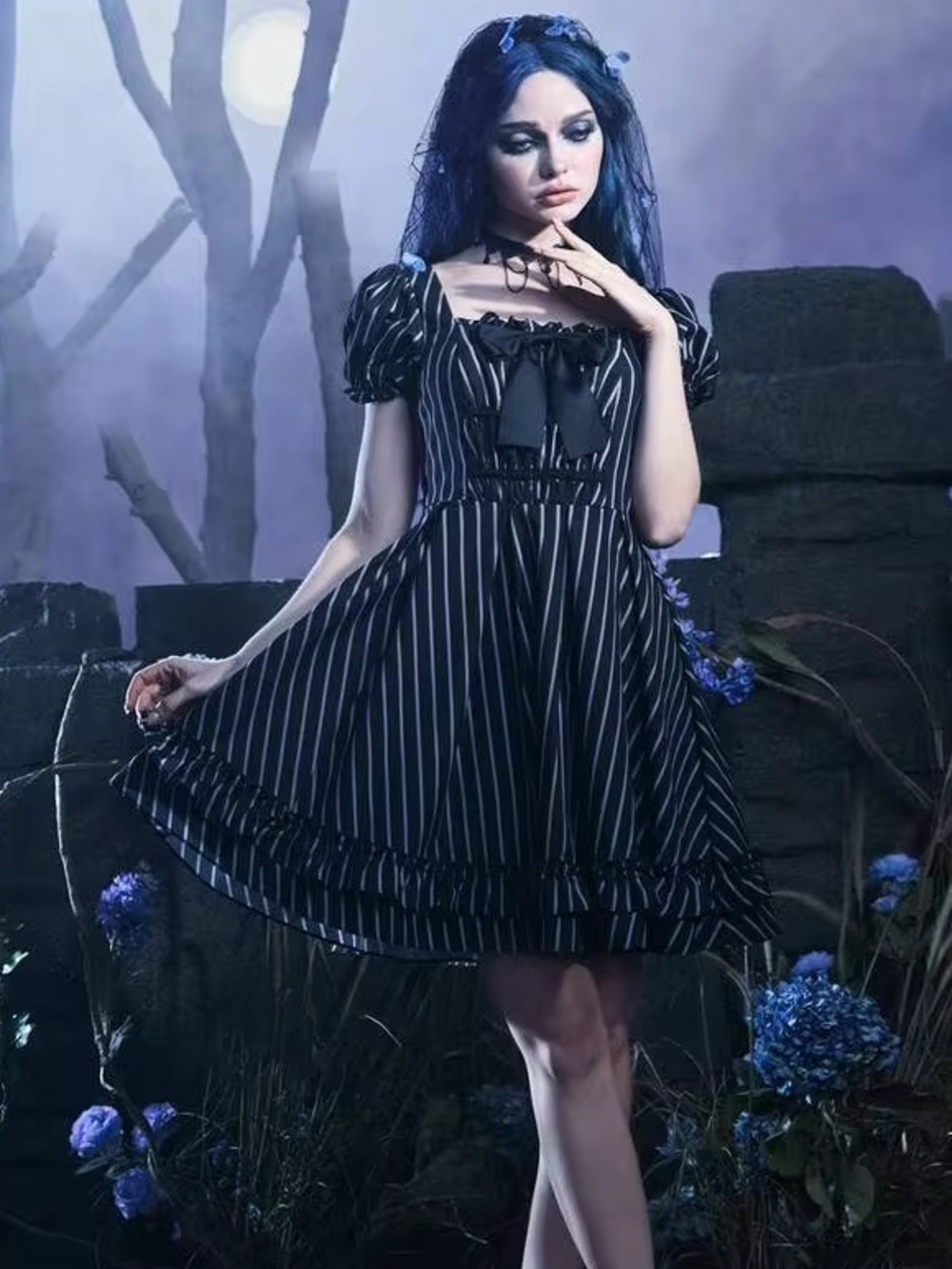 ROMWE Goth Dress Striped Print Puff Sleeve Bow Full Skirt Ruffle S Small 4 New